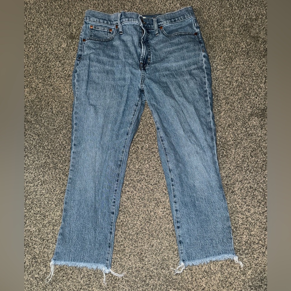 Madewell Washed Blue Cropped Straight Jeans with Frayed Hem